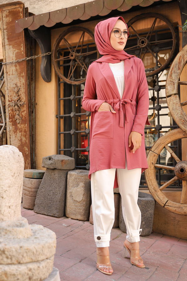 Düz Ceket Yaka Kadın Pembe 9048 BELDEN KUSAKLI KAP - 9048 PEMBE
