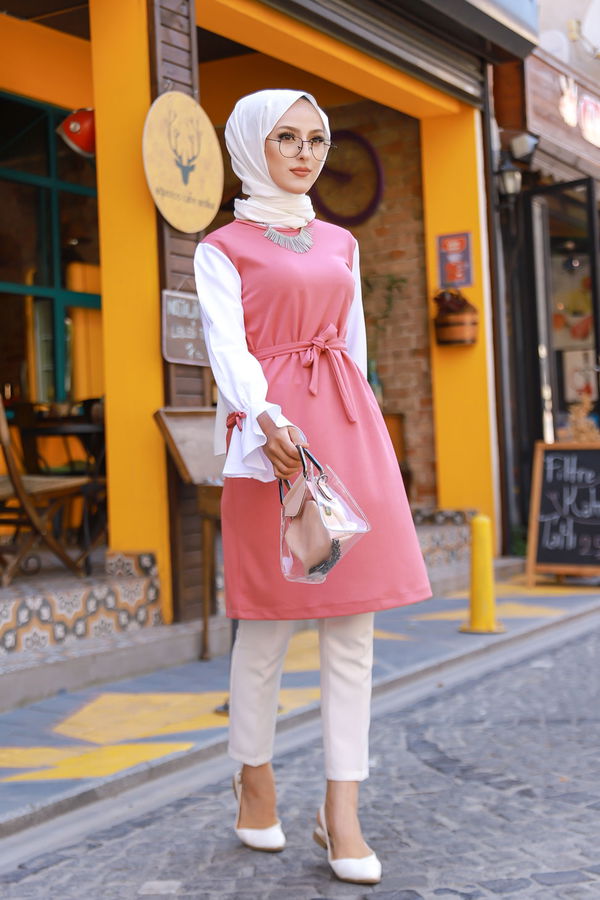 Düz Bisiklet Yaka Kadın Pembe TUNIK - 3238