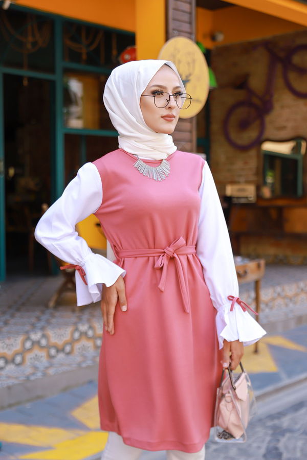 Düz Bisiklet Yaka Kadın Pembe TUNIK - 3238
