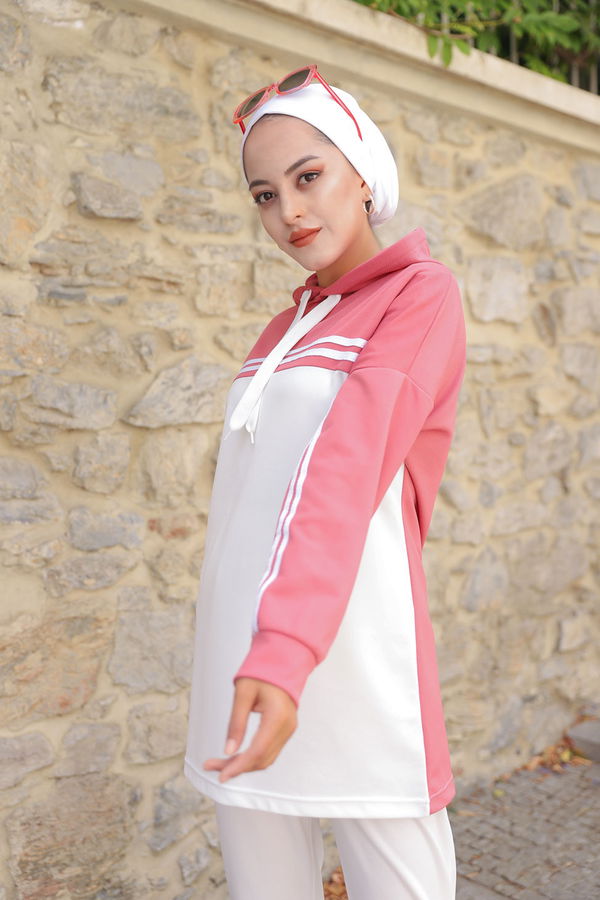 Düz Kapşonlu Yaka Kadın Pembe TUNIK PANTOLON - 3246