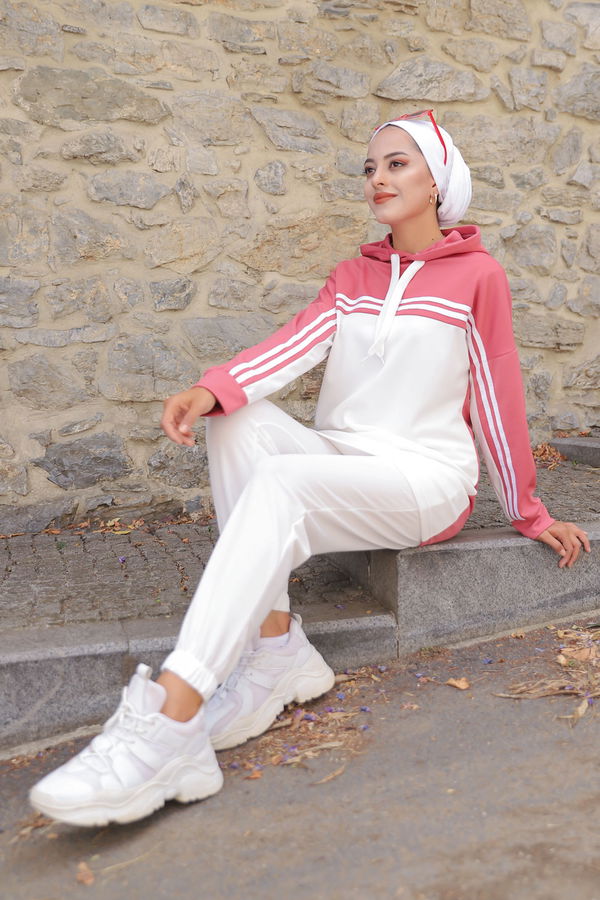 Düz Kapşonlu Yaka Kadın Pembe TUNIK PANTOLON - 3246