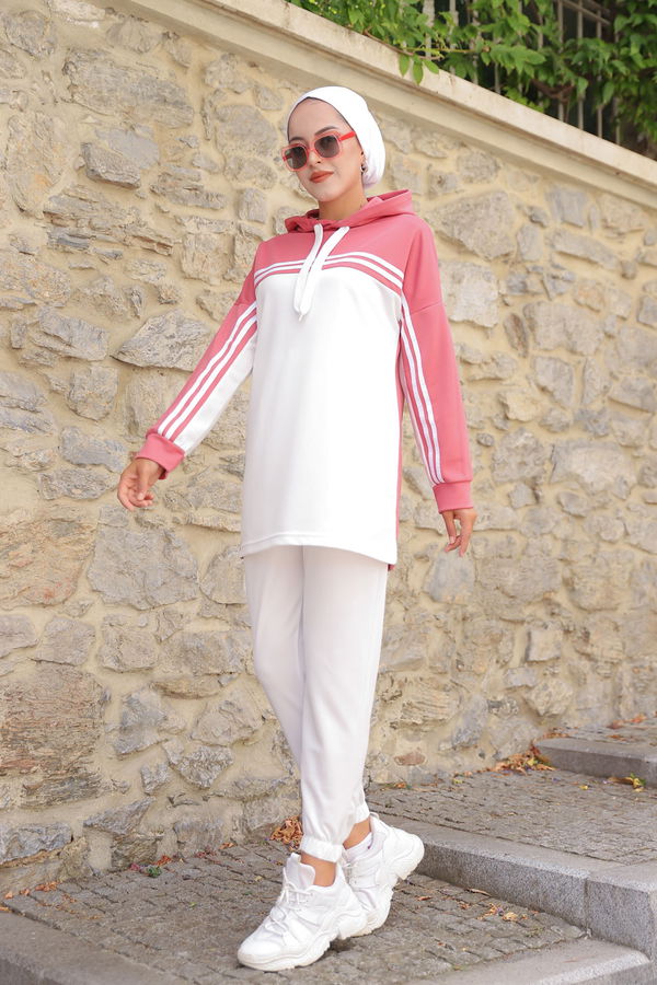 Düz Kapşonlu Yaka Kadın Pembe TUNIK PANTOLON - 3246