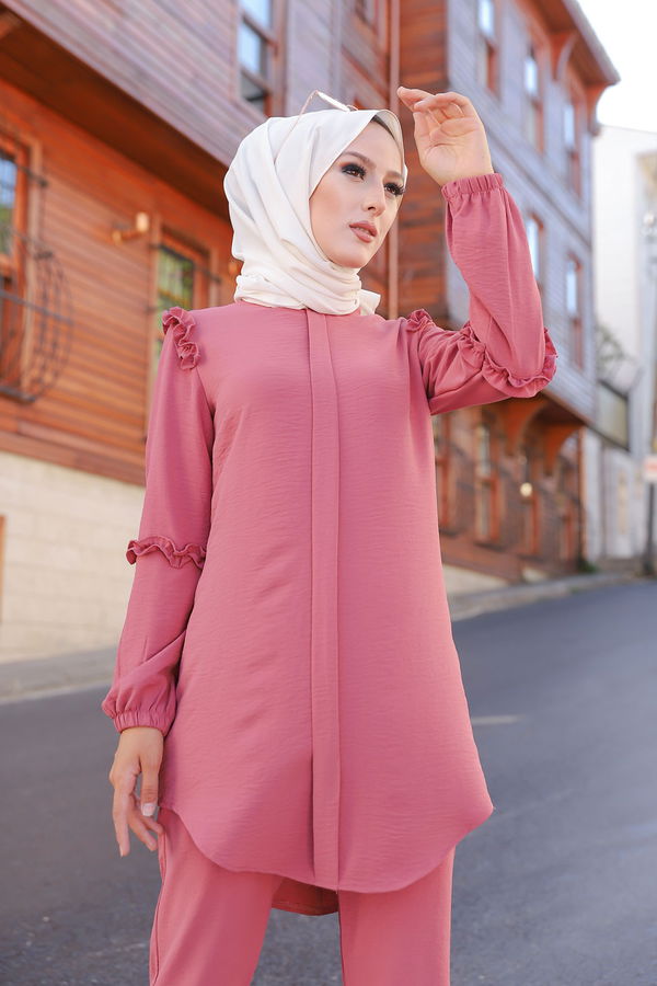 Düz Hakim Yaka Kadın Pembe 9043 TUNIK PANTOLON - 9043