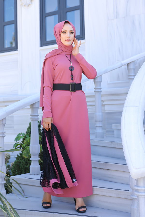 Düz Hakim Yaka Kadın Pembe 9042 ELBISE CEKET KEMER KOLYE - 9042
