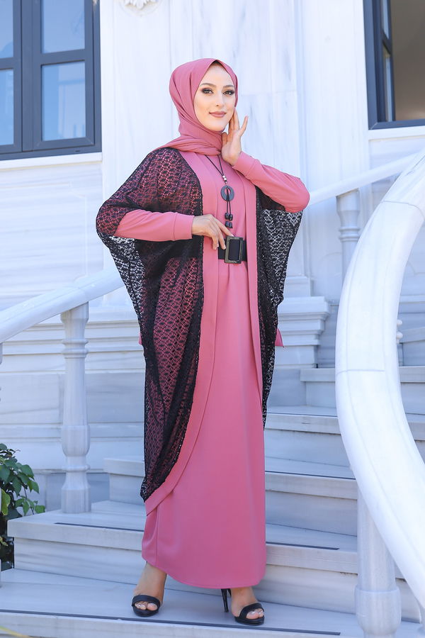 Düz Hakim Yaka Kadın Pembe 9042 ELBISE CEKET KEMER KOLYE - 9042