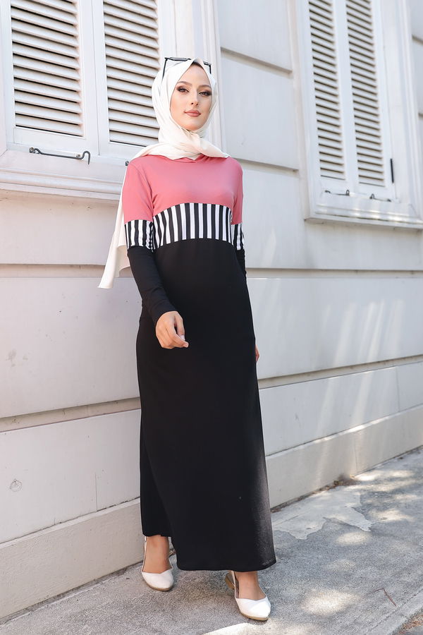 Düz Kapşonlu Yaka Kadın Pembe 5260 ELBİSE - 5260 PEMBE