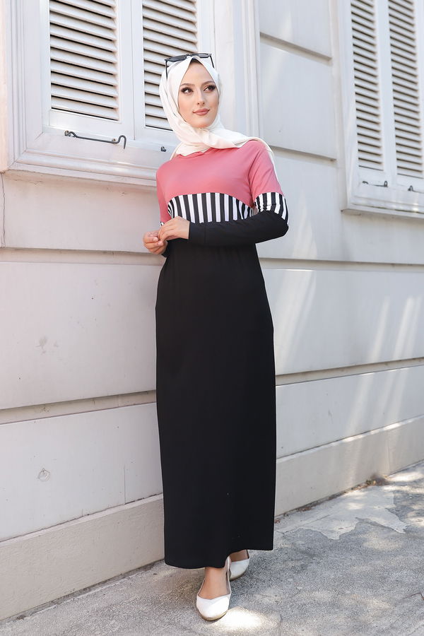 Düz Kapşonlu Yaka Kadın Pembe 5260 ELBİSE - 5260 PEMBE