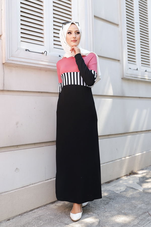 Düz Kapşonlu Yaka Kadın Pembe 5260 ELBİSE - 5260 PEMBE