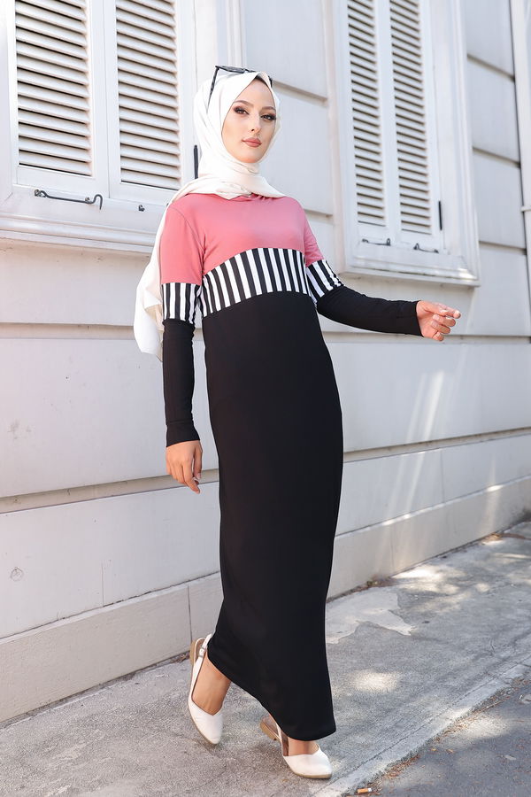 Düz Kapşonlu Yaka Kadın Pembe 5260 ELBİSE - 5260 PEMBE