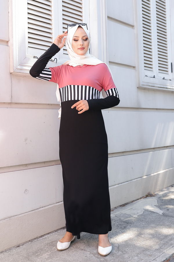 Düz Kapşonlu Yaka Kadın Pembe 5260 ELBİSE - 5260 PEMBE