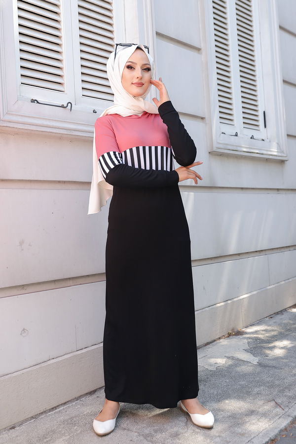 Düz Kapşonlu Yaka Kadın Pembe 5260 ELBİSE - 5260 PEMBE