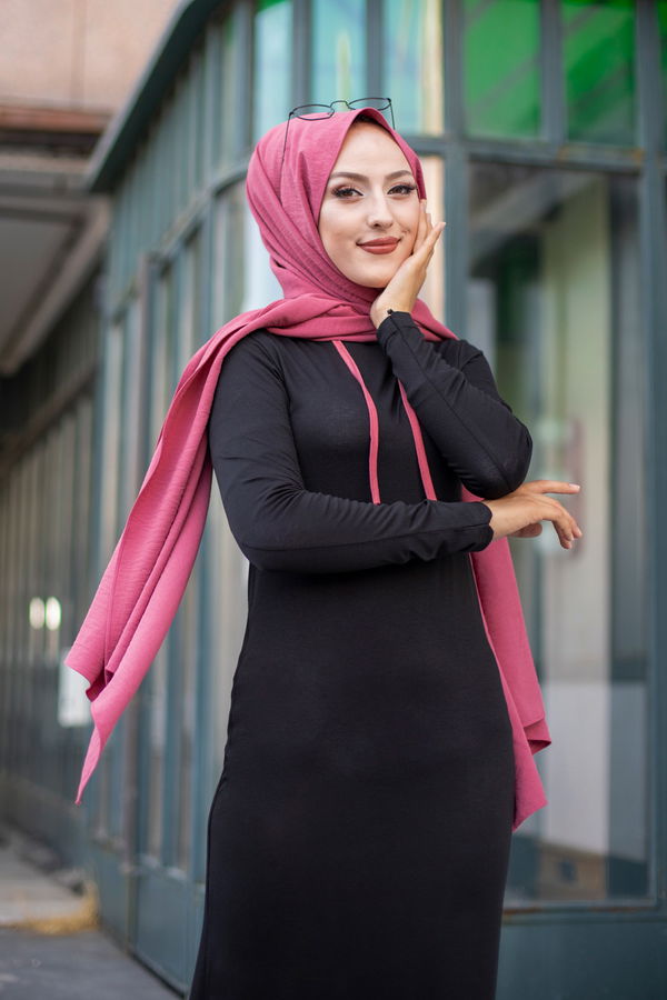 Düz Kapşonlu Yaka Kadın Pembe 3075 GARNİLİ TUNİK - 3075