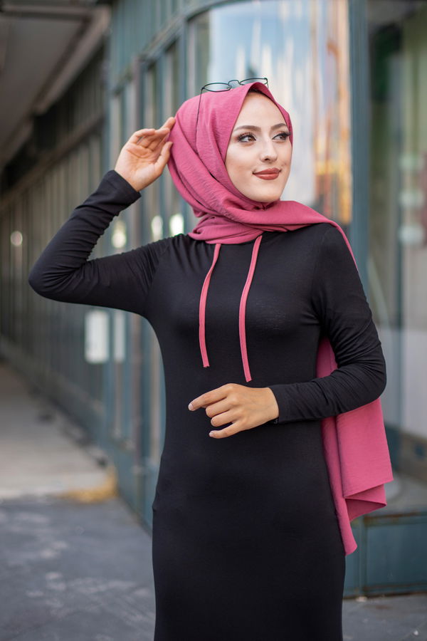 Düz Kapşonlu Yaka Kadın Pembe 3075 GARNİLİ TUNİK - 3075