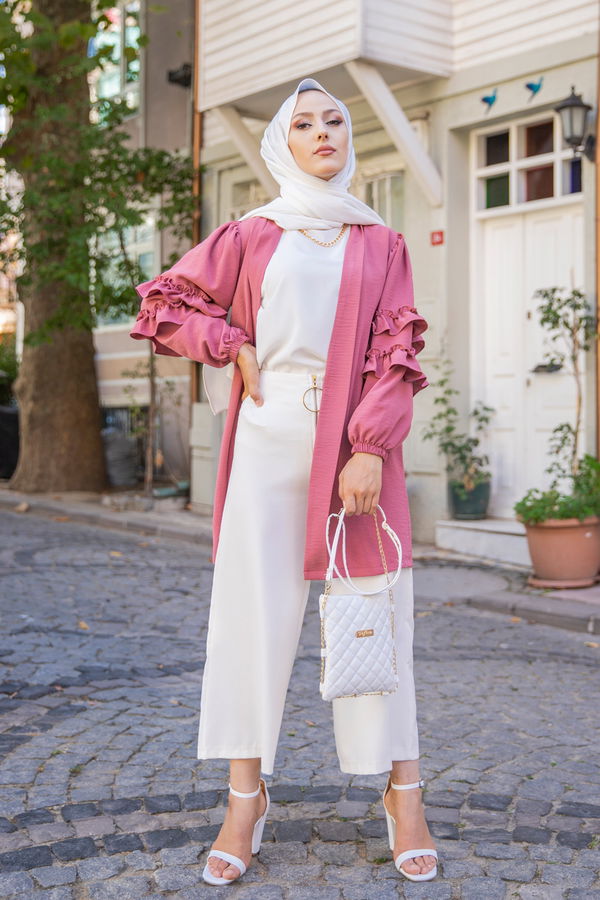 Düz Ceket Yaka Kadın Pembe 3252 KOLU FIRFIRLI CEKET - 3252 PEMBE