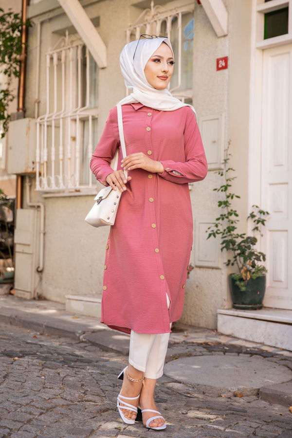 Düz Gömlek Yaka Kadın Pembe TUNIK - 3253