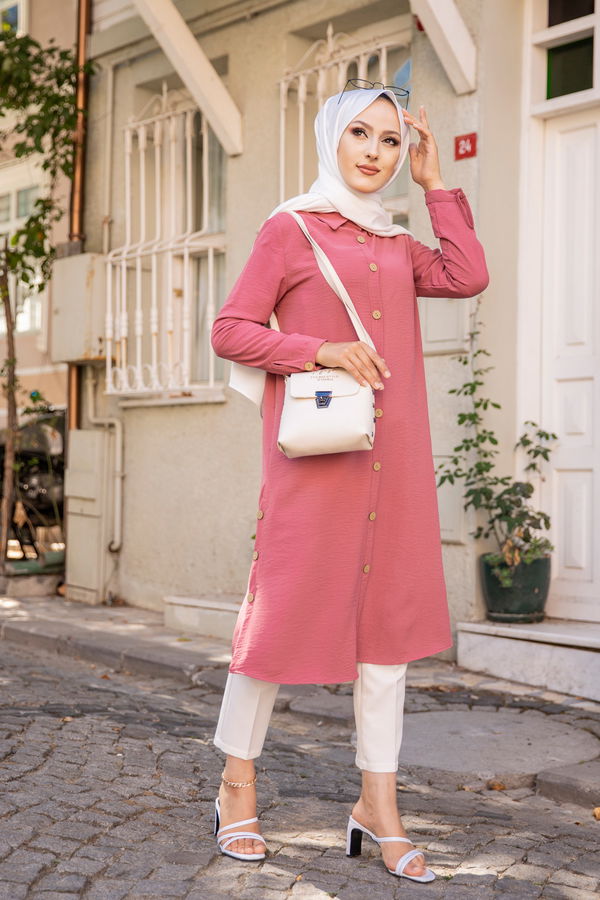 Düz Gömlek Yaka Kadın Pembe TUNIK - 3253