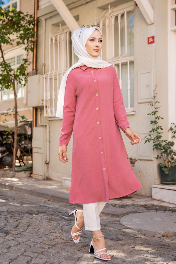Düz Gömlek Yaka Kadın Pembe TUNIK - 3253