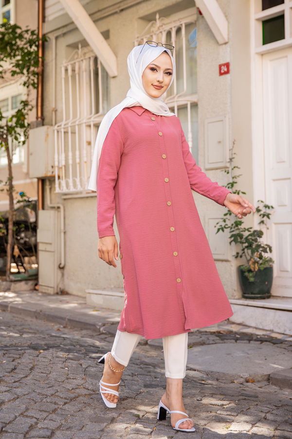Düz Gömlek Yaka Kadın Pembe TUNIK - 3253