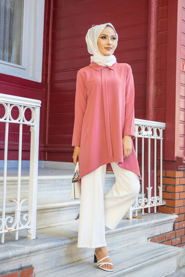 Düz Gömlek Yaka Kadın Pembe TUNIK - 3256 PEMBE