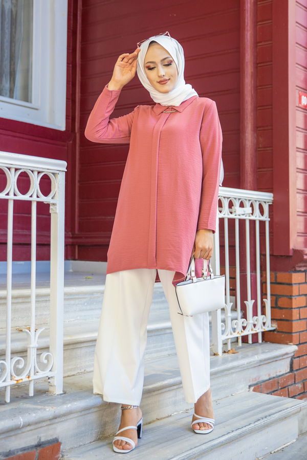 Düz Gömlek Yaka Kadın Pembe TUNIK - 3256 PEMBE