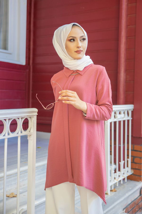 Düz Gömlek Yaka Kadın Pembe TUNIK - 3256 PEMBE