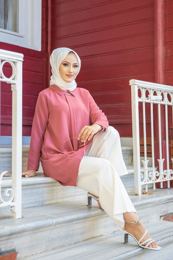 Düz Gömlek Yaka Kadın Pembe TUNIK - 3256 PEMBE