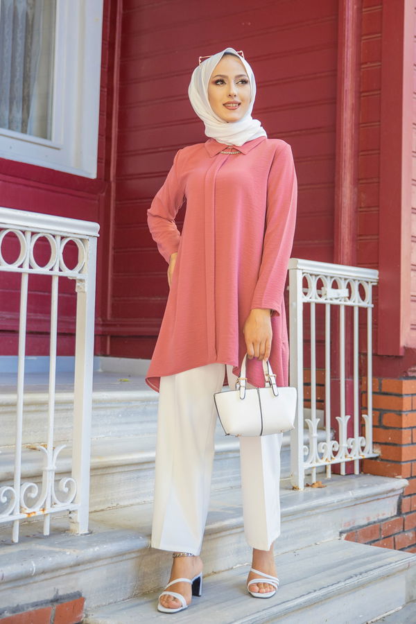 Düz Gömlek Yaka Kadın Pembe TUNIK - 3256 PEMBE