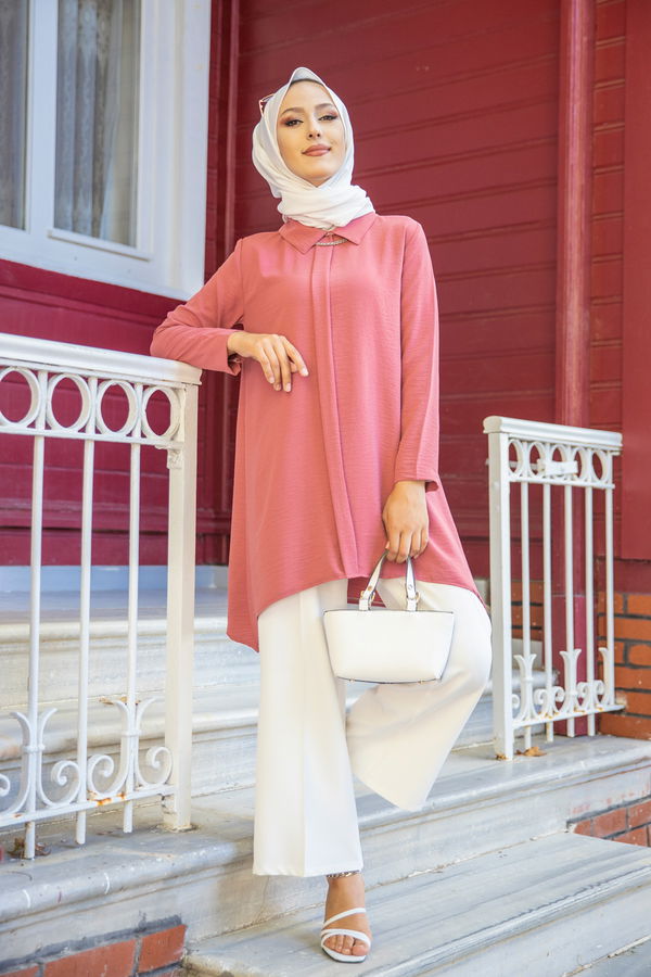 Düz Gömlek Yaka Kadın Pembe TUNIK - 3256 PEMBE