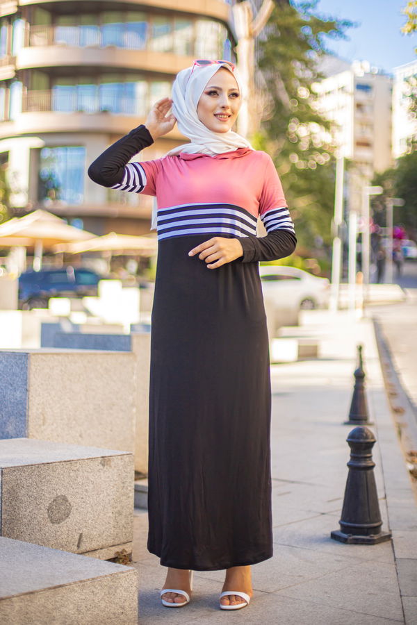 Düz Kapşonlu Yaka Kadın Pembe 5251 ELBİSE - 5251 PEMBE