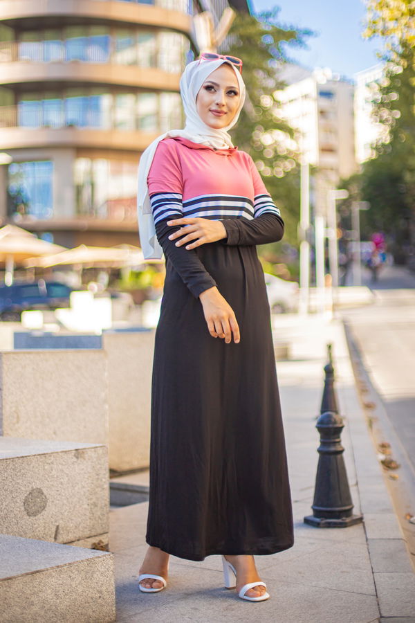 Düz Kapşonlu Yaka Kadın Pembe 5251 ELBİSE - 5251 PEMBE
