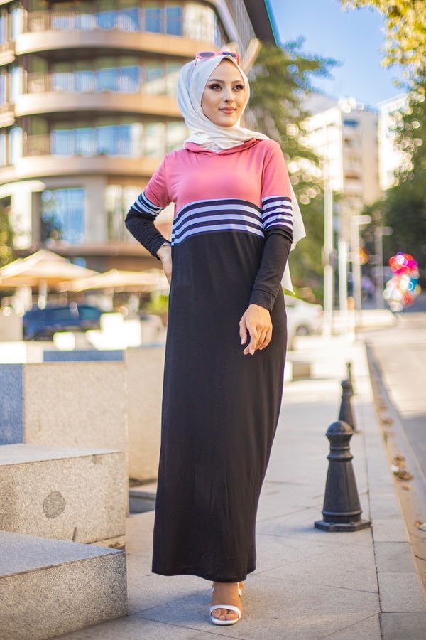 Düz Kapşonlu Yaka Kadın Pembe 5251 ELBİSE - 5251 PEMBE