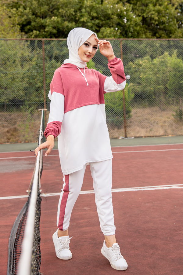 Düz Kapşonlu Yaka Kadın Pembe 3261 TUNIK PANTOLON - 3261 PEMBE