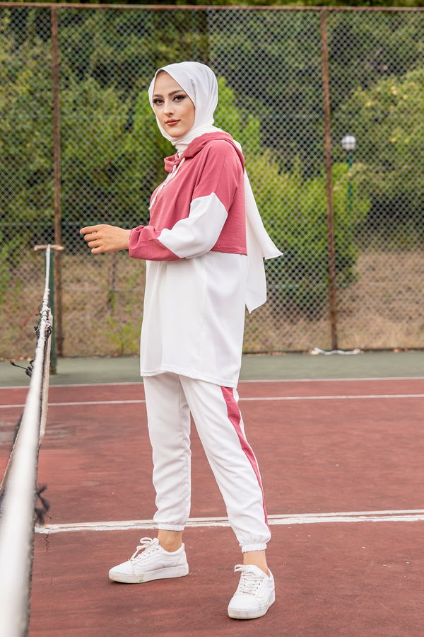 Düz Kapşonlu Yaka Kadın Pembe 3261 TUNIK PANTOLON - 3261 PEMBE