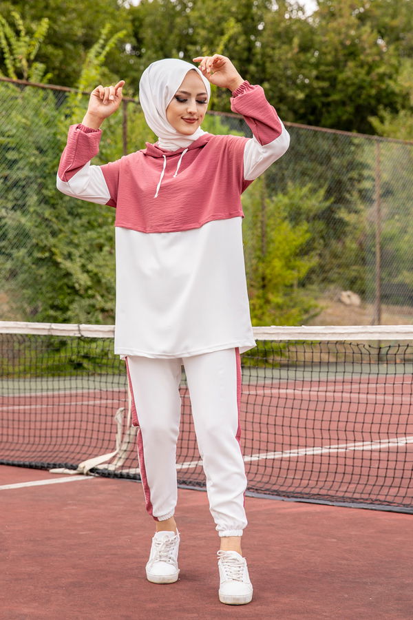 Düz Kapşonlu Yaka Kadın Pembe 3261 TUNIK PANTOLON - 3261 PEMBE