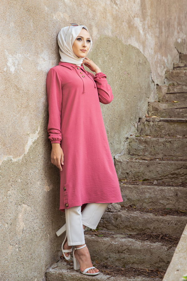 Düz Gömlek Yaka Kadın Pembe TUNIK - 3078