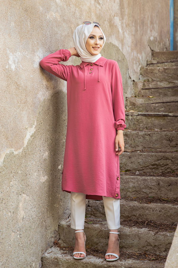 Düz Gömlek Yaka Kadın Pembe TUNIK - 3078