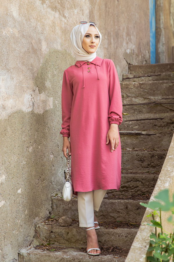 Düz Gömlek Yaka Kadın Pembe TUNIK - 3078