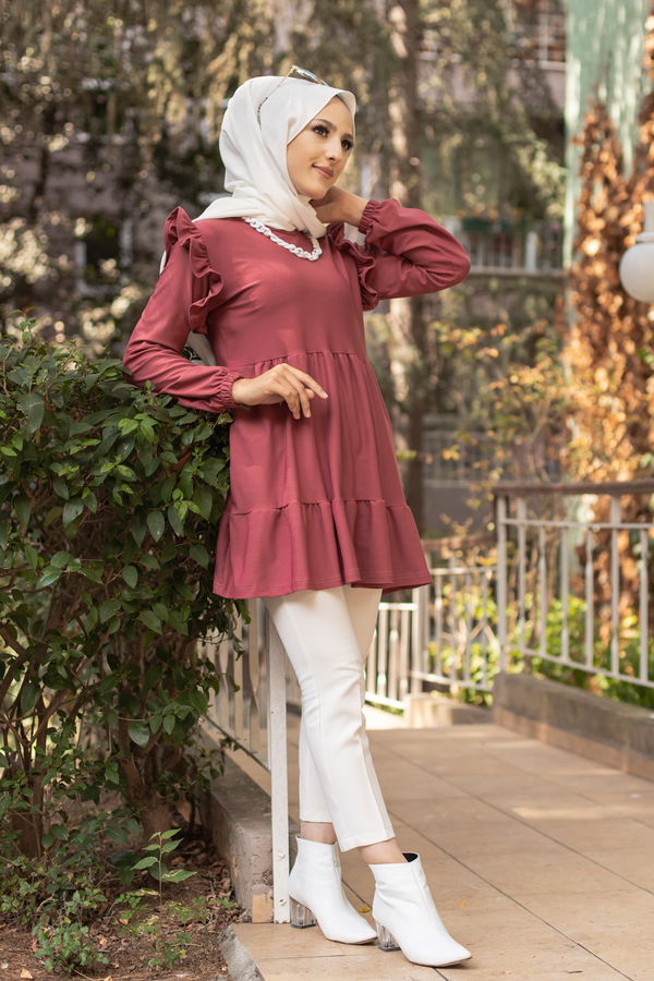 Düz Bisiklet Yaka Kadın Pembe TUNIK - 3282 PEMBE