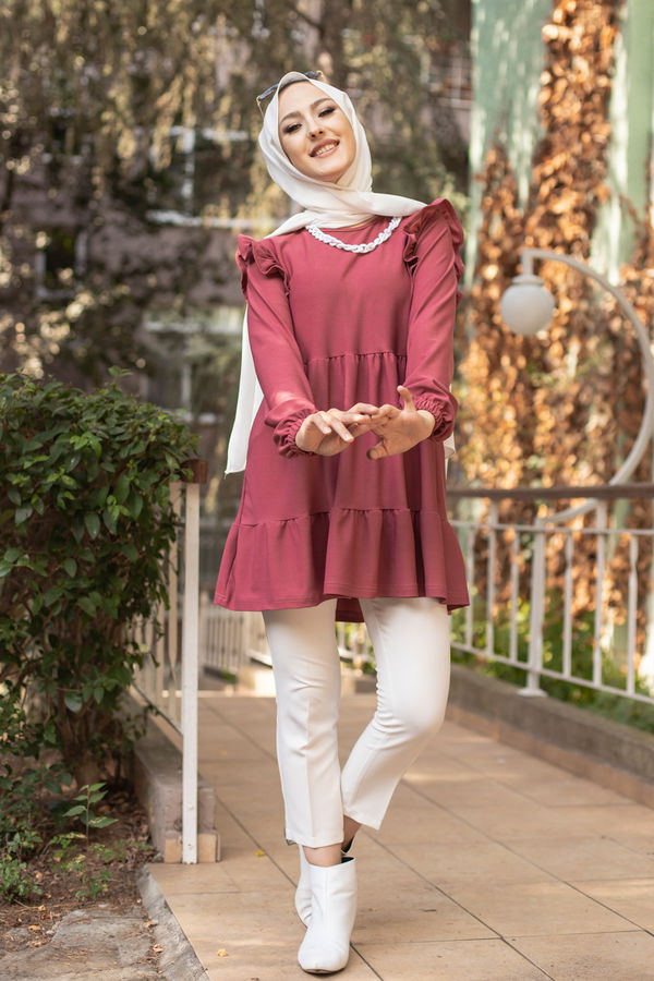 Düz Bisiklet Yaka Kadın Pembe TUNIK - 3282 PEMBE