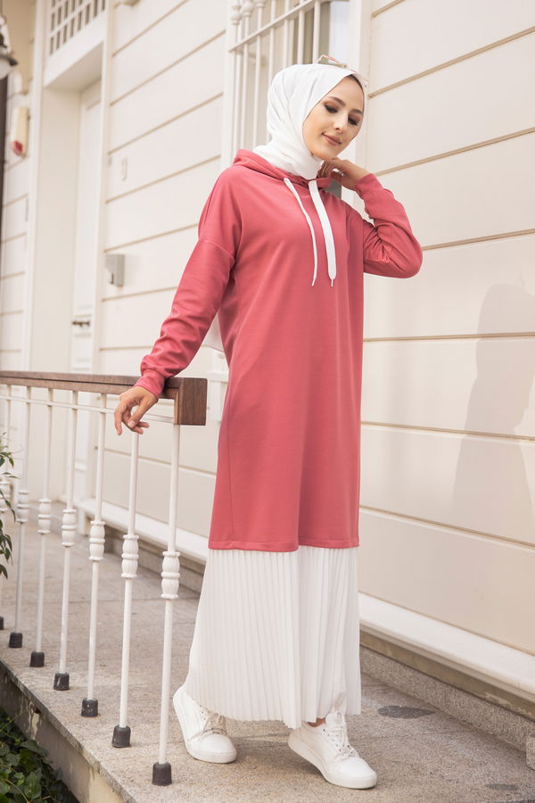 Düz Kapşonlu Yaka Kadın Pembe ELBISE - 3262 PEMBE