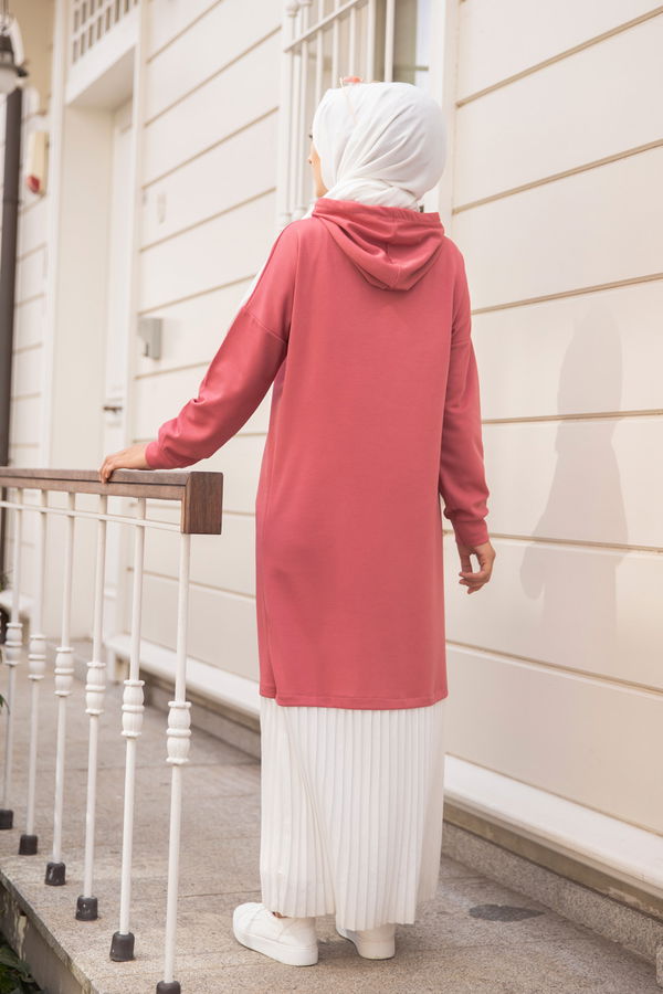 Düz Kapşonlu Yaka Kadın Pembe ELBISE - 3262 PEMBE