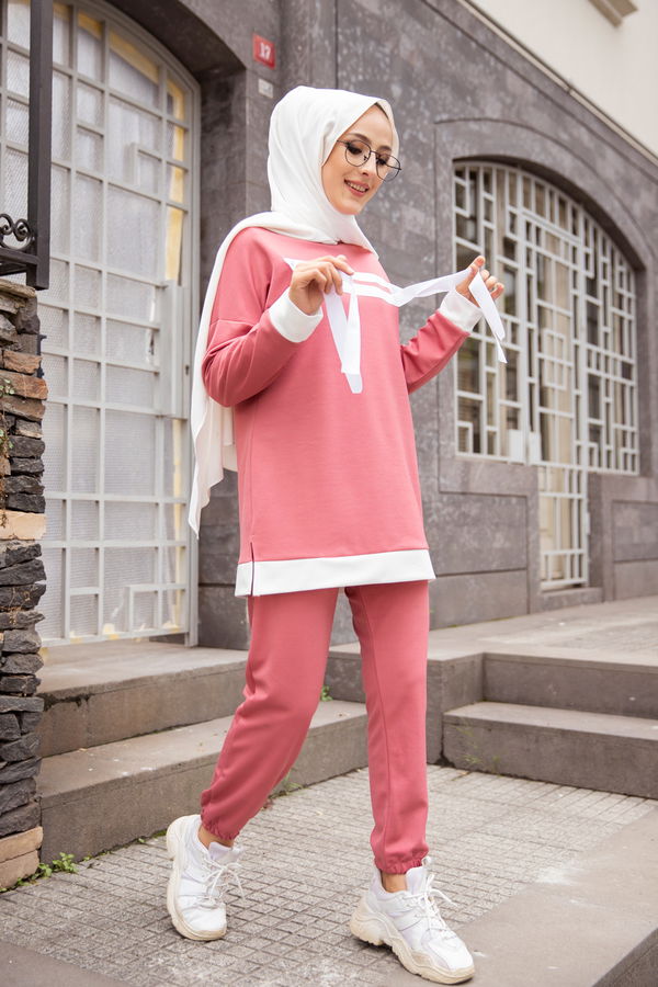 Düz Bisiklet Yaka Kadın Pembe TUNIK PANTOLON - 3245 PEMBE