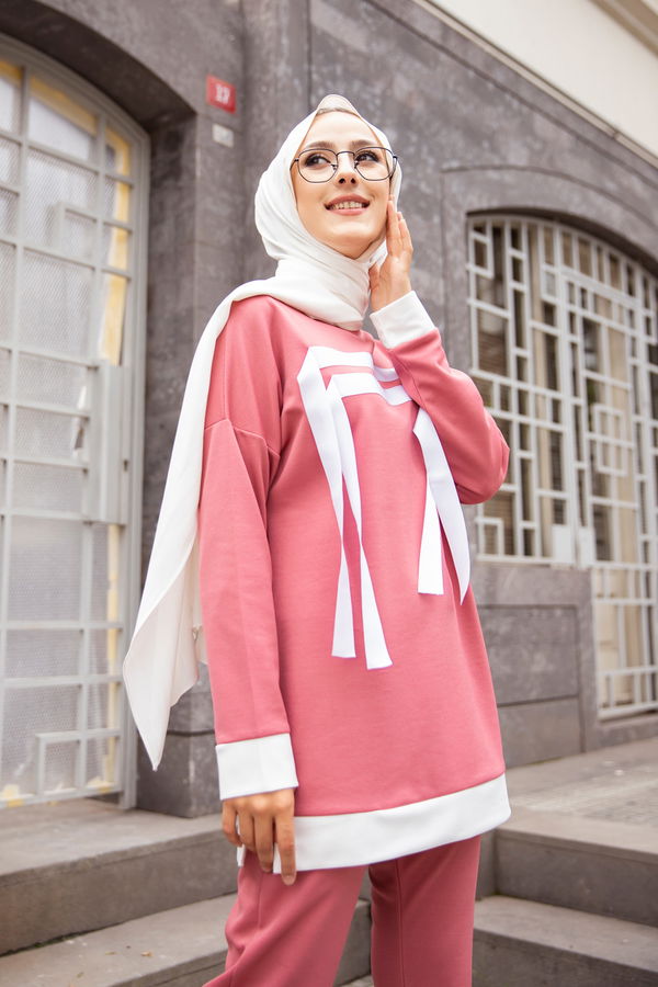 Düz Bisiklet Yaka Kadın Pembe TUNIK PANTOLON - 3245 PEMBE