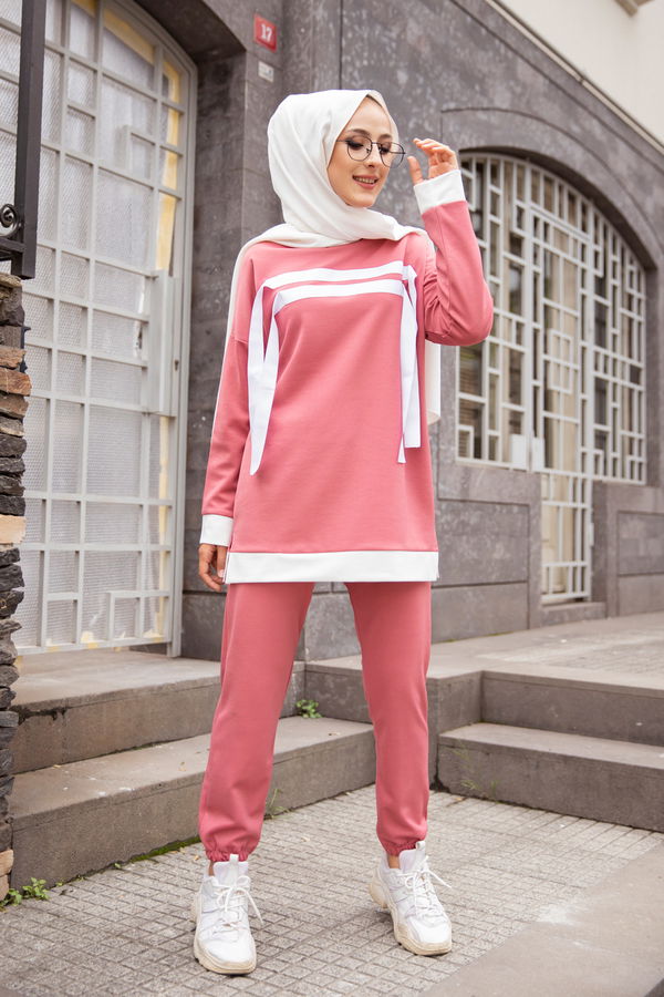 Düz Bisiklet Yaka Kadın Pembe TUNIK PANTOLON - 3245 PEMBE