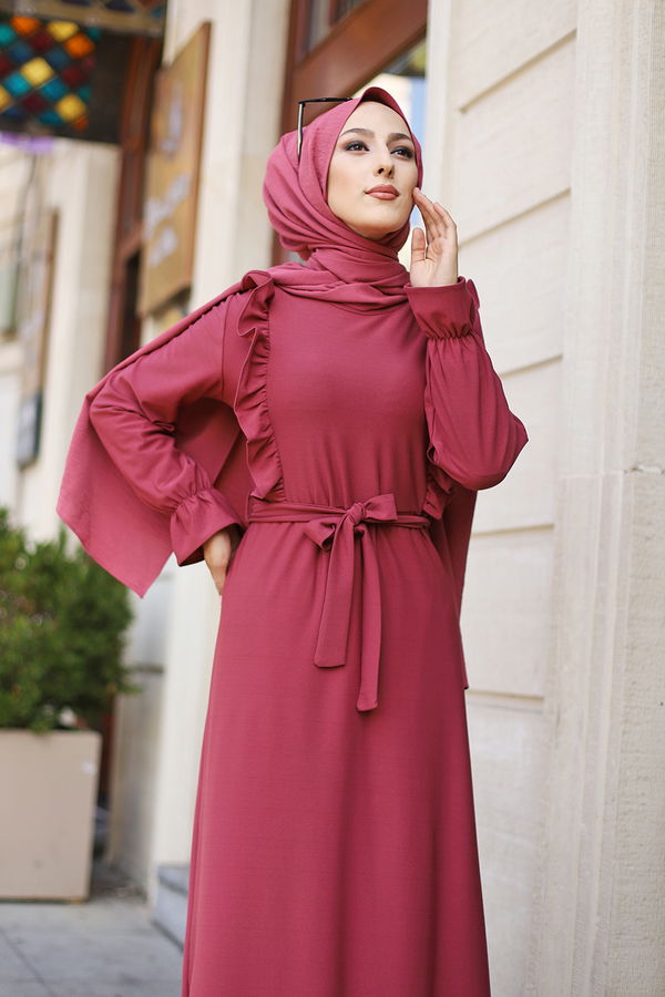 Düz Bisiklet Yaka Kadın Pembe ELBISE - 3291 PEMBE