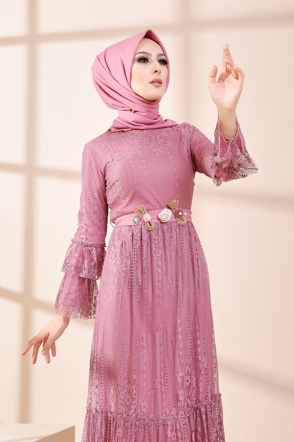Düz Orta Kadın Pembe 8572 DANTELLI ELBISE - 8572 PEMBE