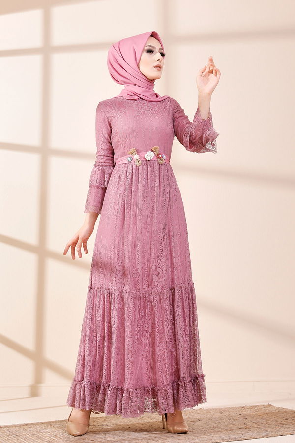 Düz Orta Kadın Pembe 8572 DANTELLI ELBISE - 8572 PEMBE