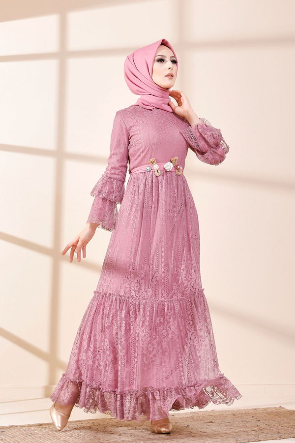 Düz Orta Kadın Pembe 8572 DANTELLI ELBISE - 8572 PEMBE