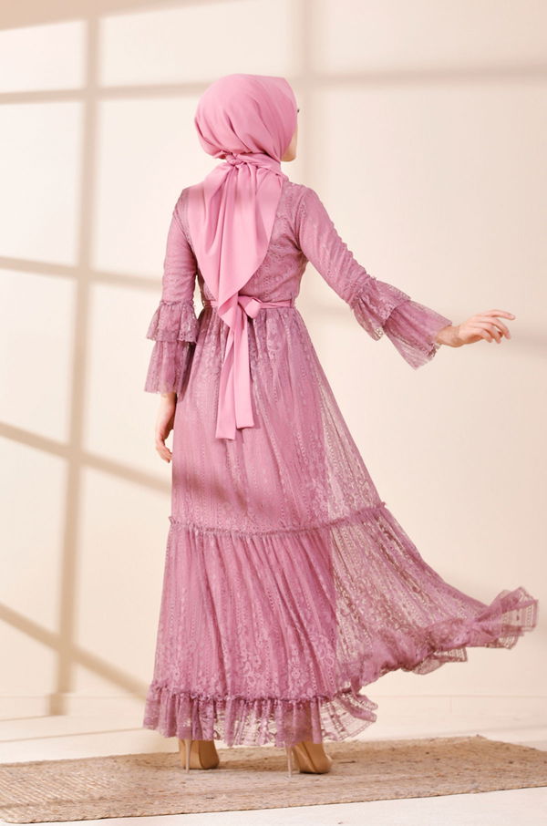 Düz Orta Kadın Pembe 8572 DANTELLI ELBISE - 8572 PEMBE