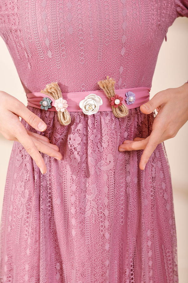 Düz Orta Kadın Pembe 8572 DANTELLI ELBISE - 8572 PEMBE
